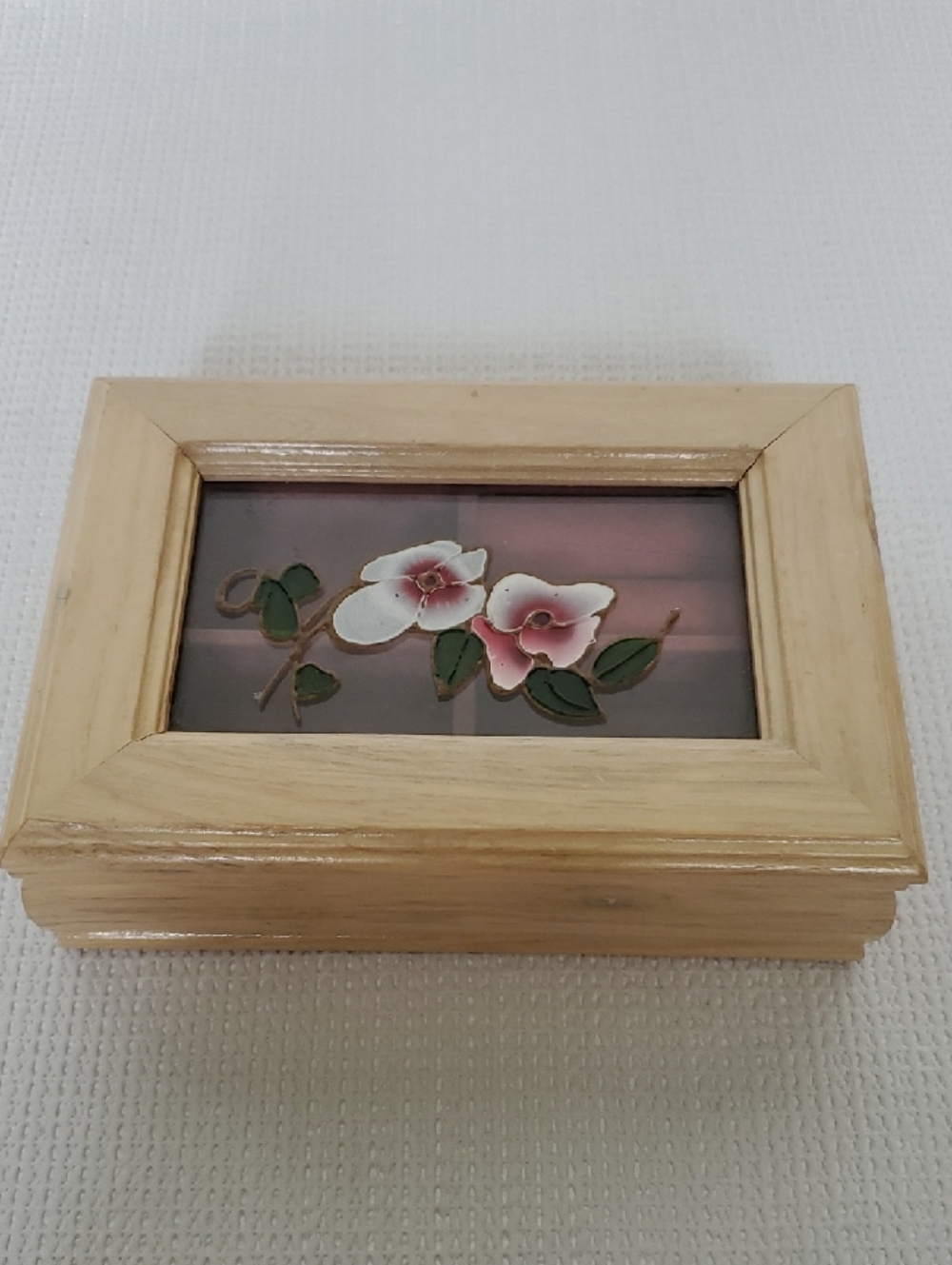 Wooden Jewelry Box with Floral Inlay - Natural